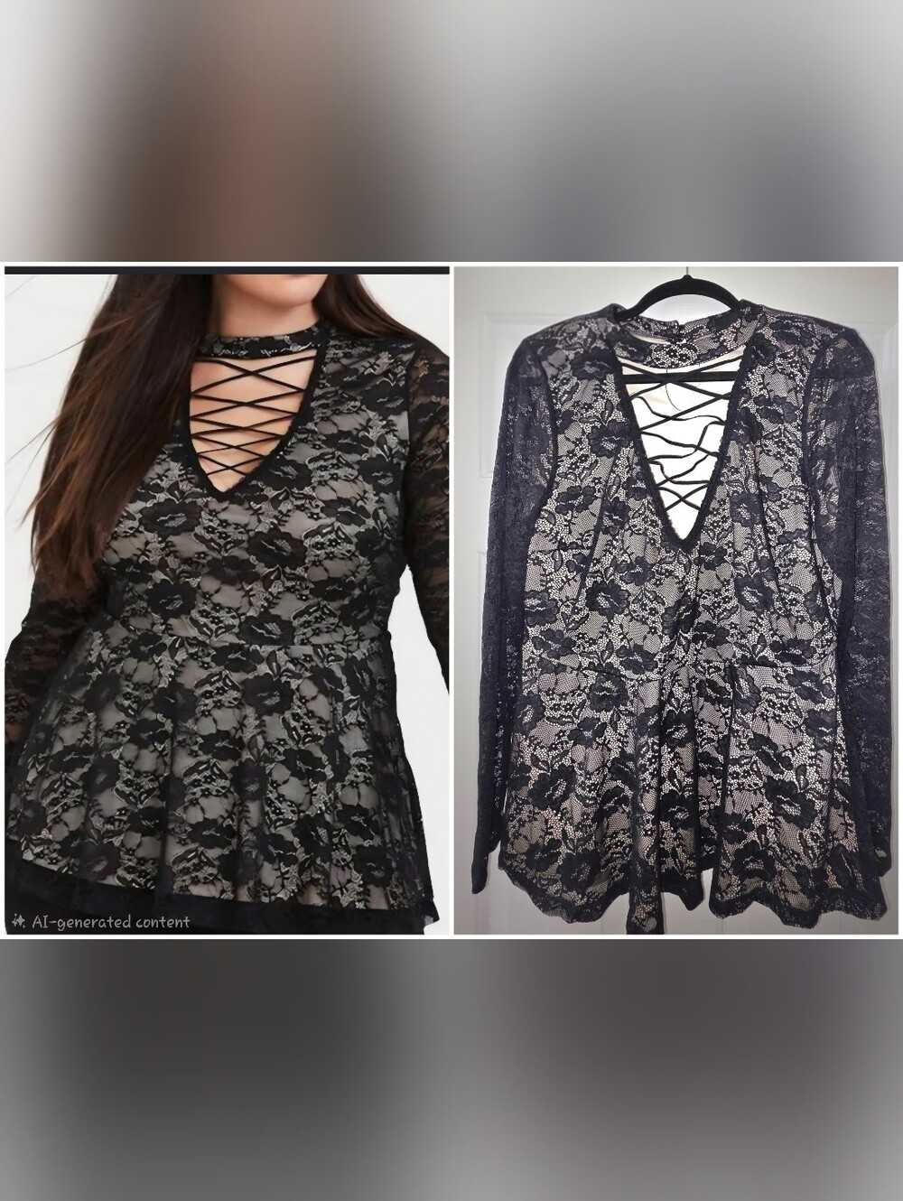 torrid Black Lace Long-Sleeve Peplum Top with Crisscross V-Neck